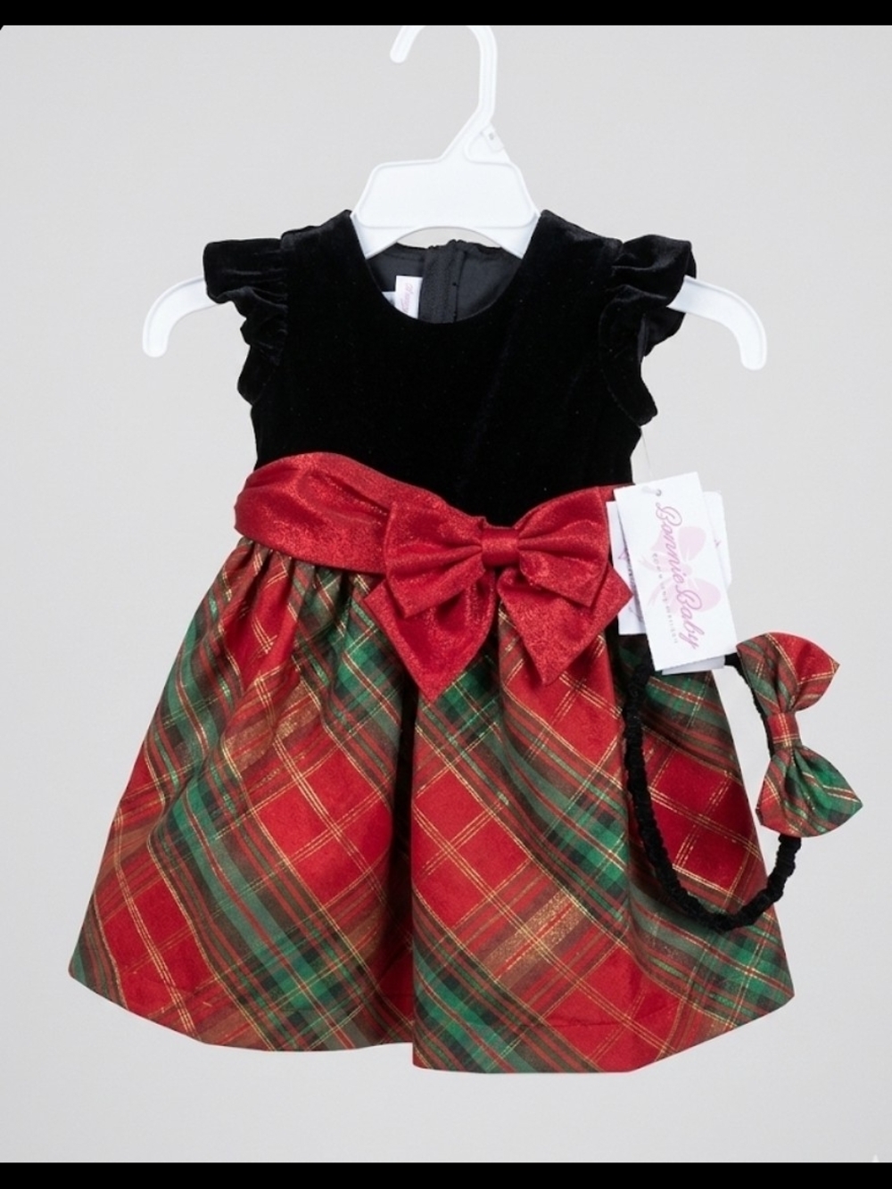 Bonnie Jean Velvet & Plaid Holiday Dress with Red Bow